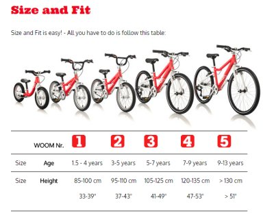 Woom bicycles -- sizing chart